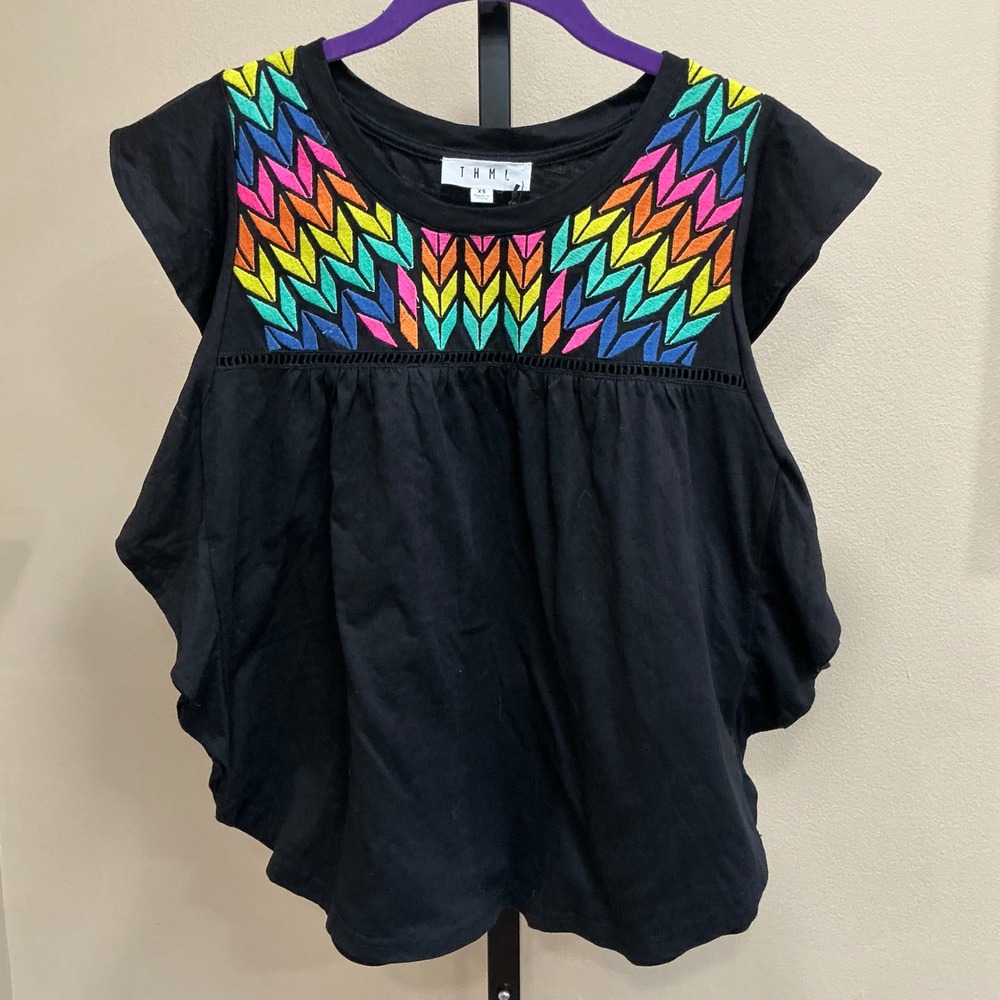 THML‎ Top THS0931-BK XS Black Embroidered Rainbow Flutter Sleeve Babydoll Boho